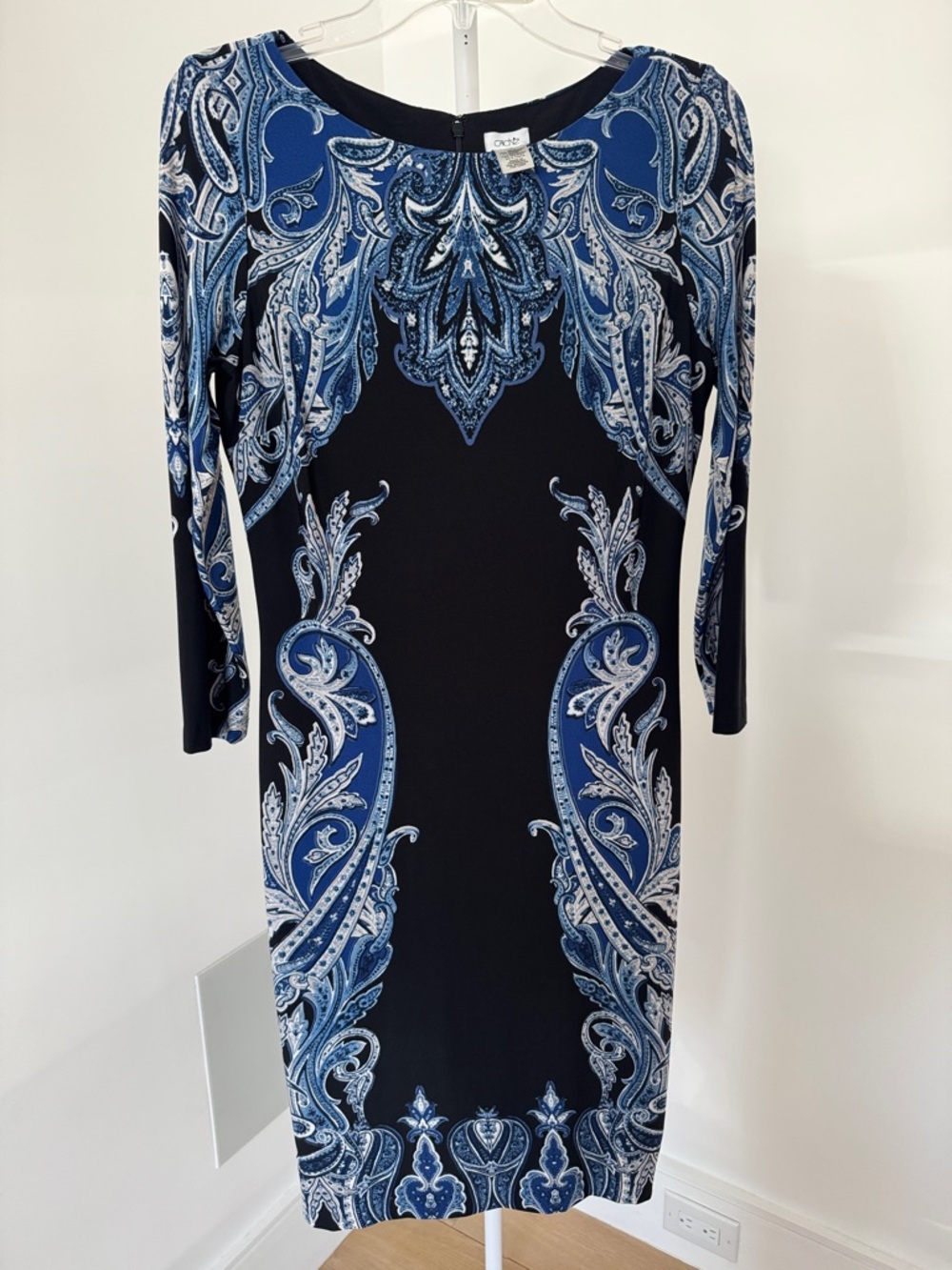 Cache Blue and White Paisley Long Sleeve Sheath Dress